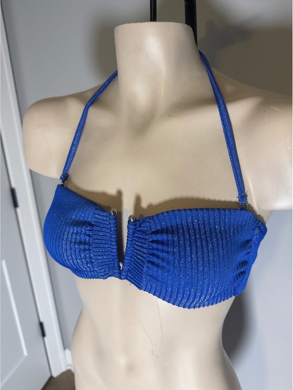 Becca Blue Metallic Ribbed Bandeau‎ Bikini Top S/P